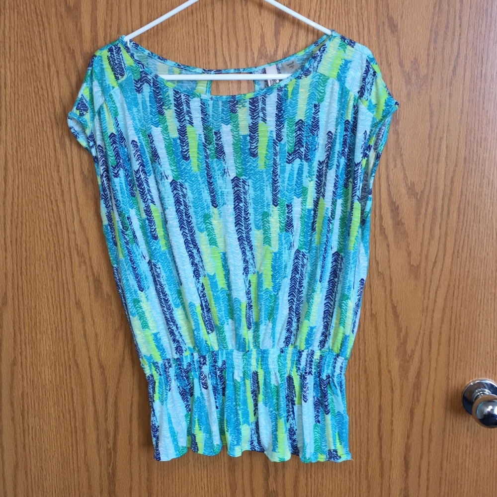 Route 66 blouse w/ drape back green, blue & yellow